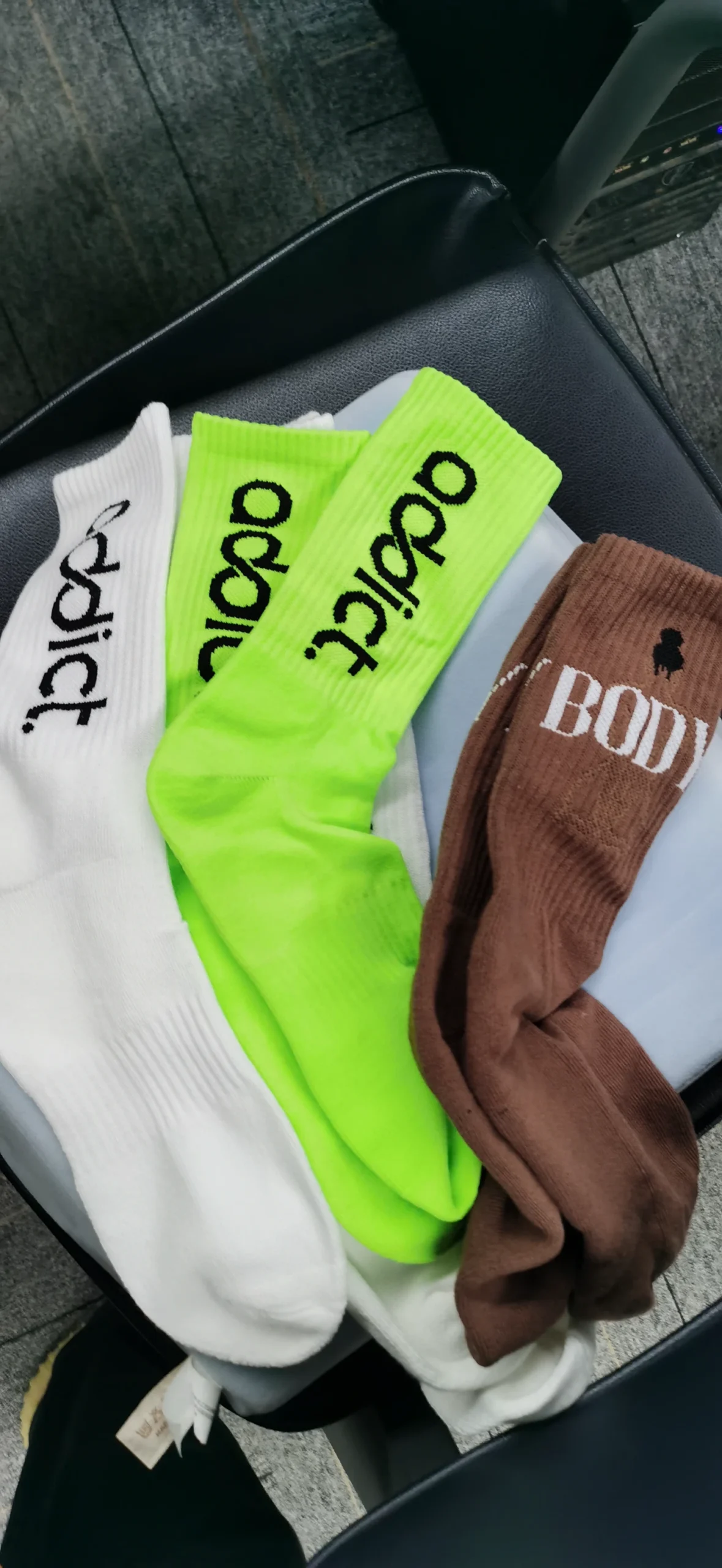 Four custom socks in different colors